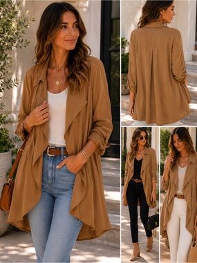 LISETTE Open-Front Trench Coat Jacket in Camel Brown